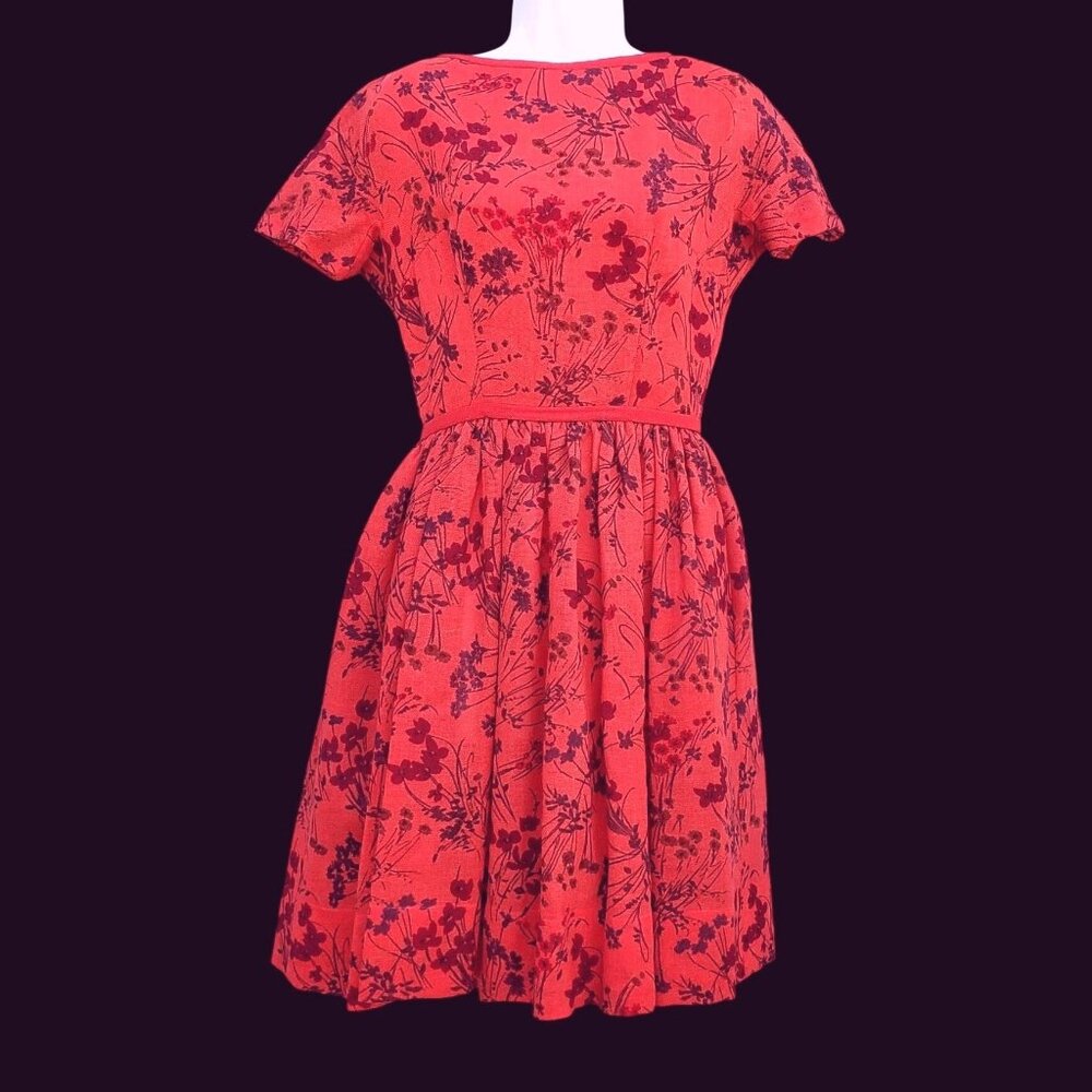 Vintage Lanz Dress 60s Fit and Flare XS Red Floral Wool Linen With Pockets